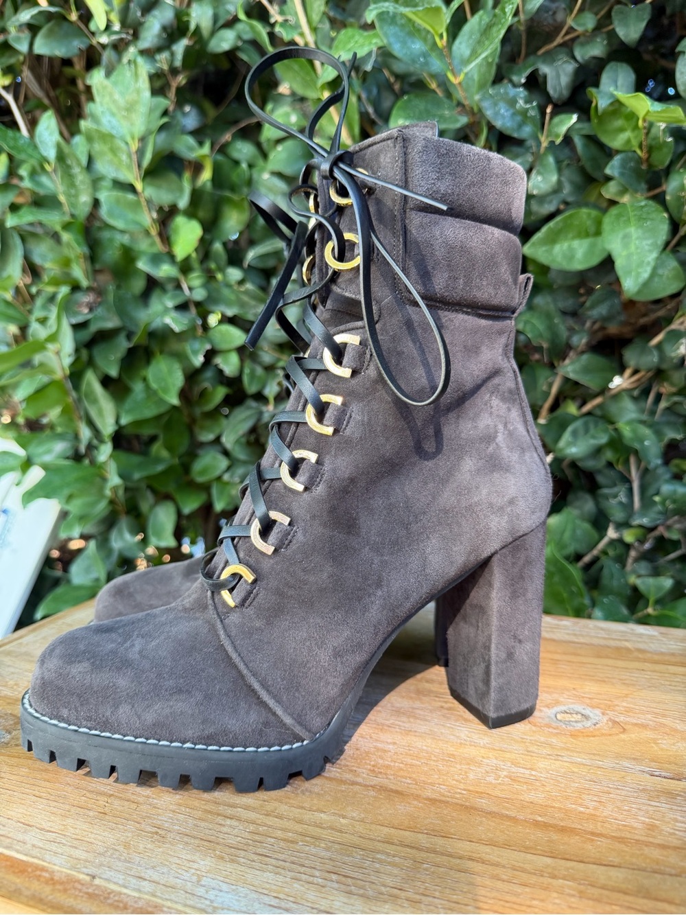 Stuart Weitzman Shackleton Gray Suede Lace-Up Block Heel Ankle Boots